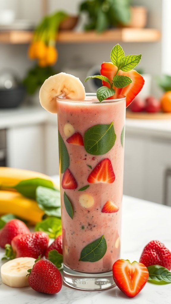 A refreshing summer smoothie made with strawberries, bananas, and spinach, garnished with mint leaves.