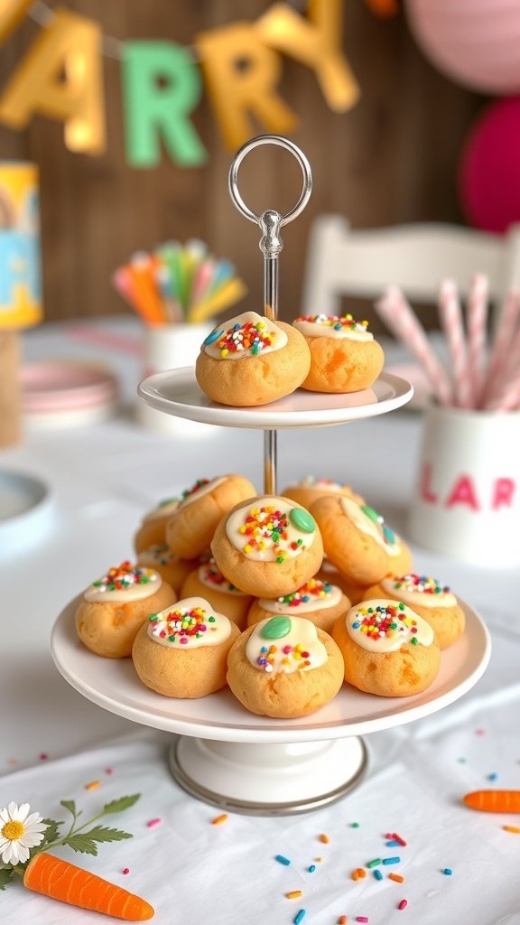 A tiered stand filled with mini carrot cake cookies topped with cream cheese frosting and colorful sprinkles.