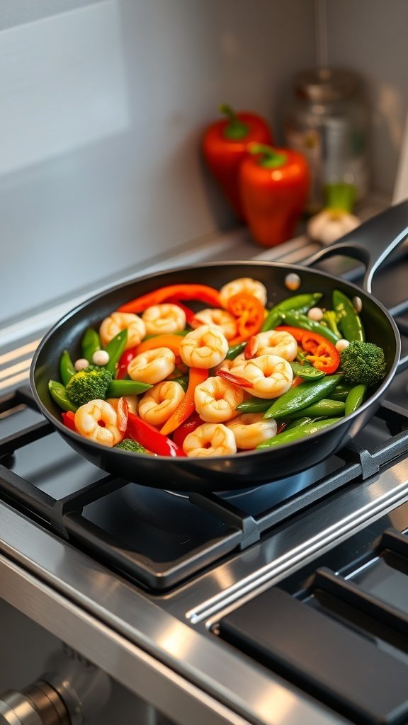A colorful one-pan shrimp and veggie stir-fry cooking in a skillet