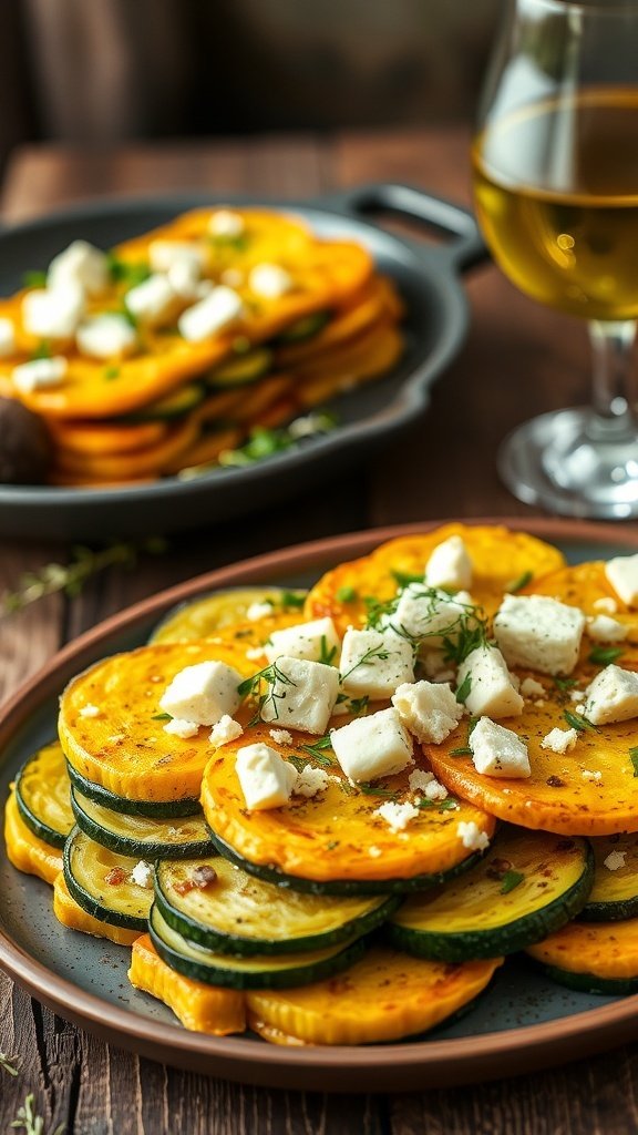 A delicious Mediterranean squash bake with layers of yellow squash and zucchini, topped with feta cheese and fresh herbs.