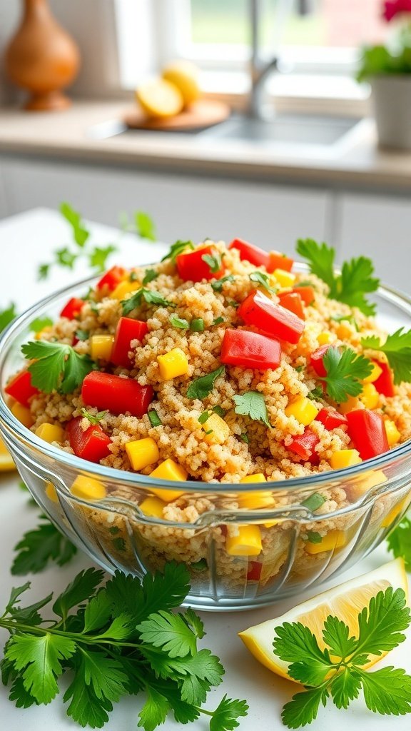 A colorful summer quinoa salad with red bell peppers, mango, and cilantro in a glass bowl.
