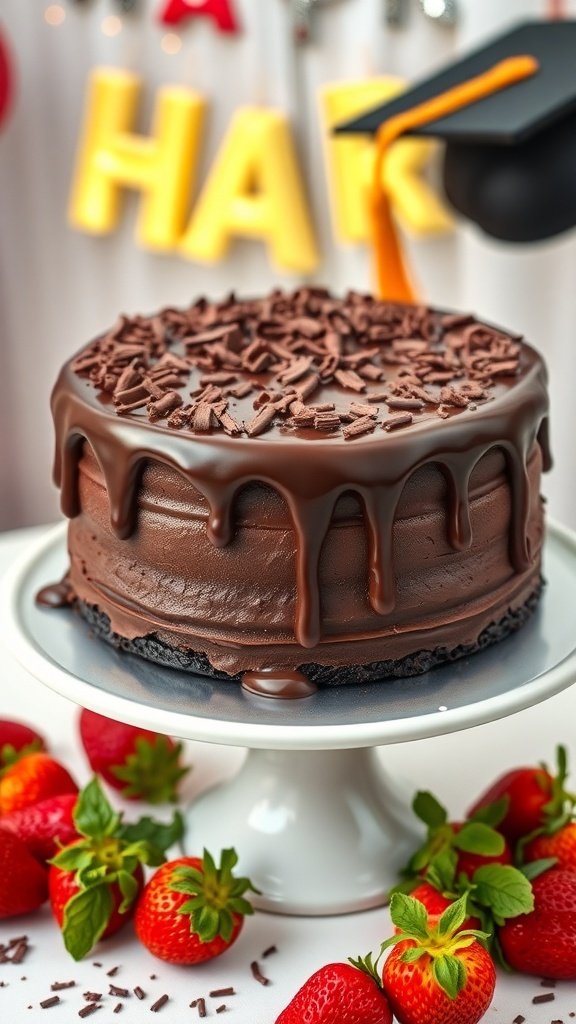 A beautifully decorated chocolate fudge cake with chocolate ganache and fresh strawberries, perfect for a graduation party.