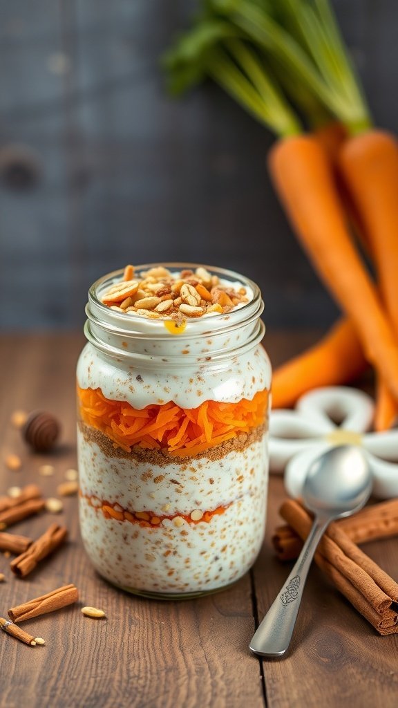 A jar of carrot cake overnight oats layered with grated carrots, yogurt, and topped with nuts, with whole carrots and cinnamon sticks in the background.