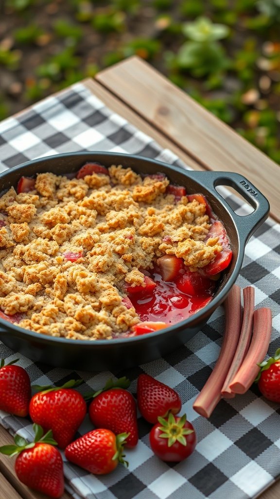 A rustic strawberry rhubarb crisp in a black baking dish, surrounded by fresh strawberries and rhubarb on a checkered tablecloth.