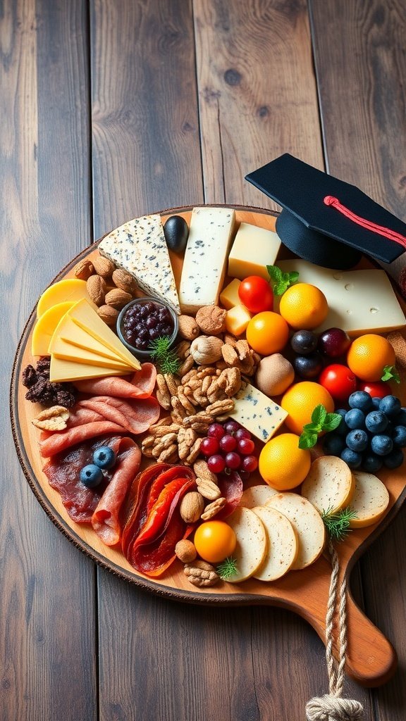 A graduation charcuterie board featuring various cheeses, meats, nuts, and fruits, topped with a graduation cap.
