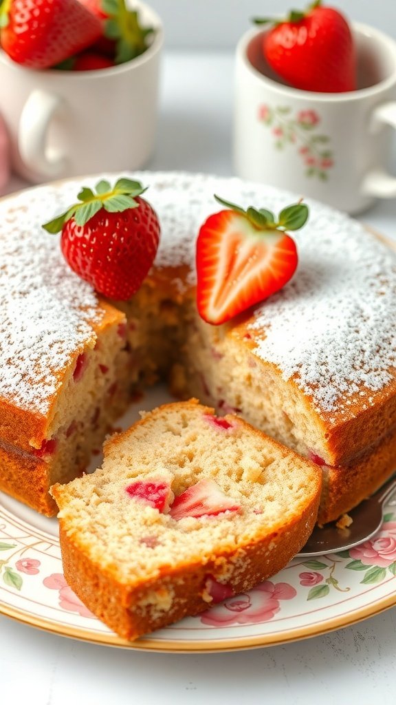 A slice of strawberry rhubarb coffee cake on a floral plate, garnished with fresh strawberries.