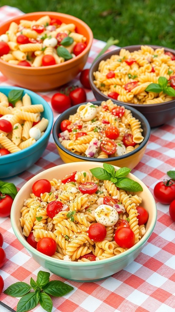 Colorful bowls of pasta salad with cherry tomatoes, mozzarella, and basil on a picnic blanket.