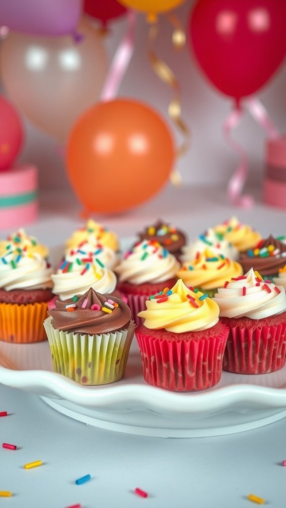 A colorful display of mini cupcakes with frosting and sprinkles, perfect for a graduation party.