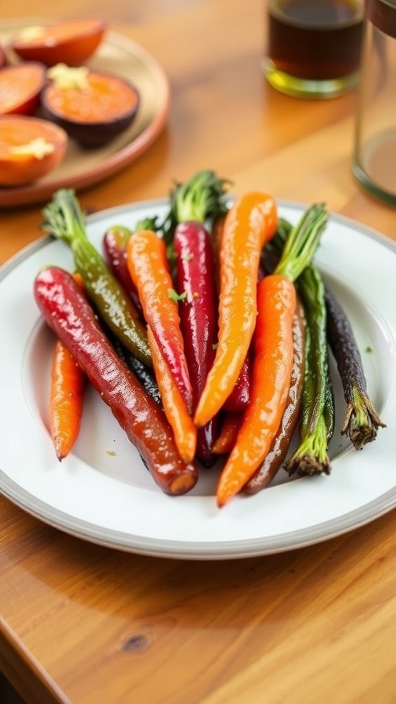 A plate of glazed rainbow carrots with various colors, showcasing their vibrant hues.
