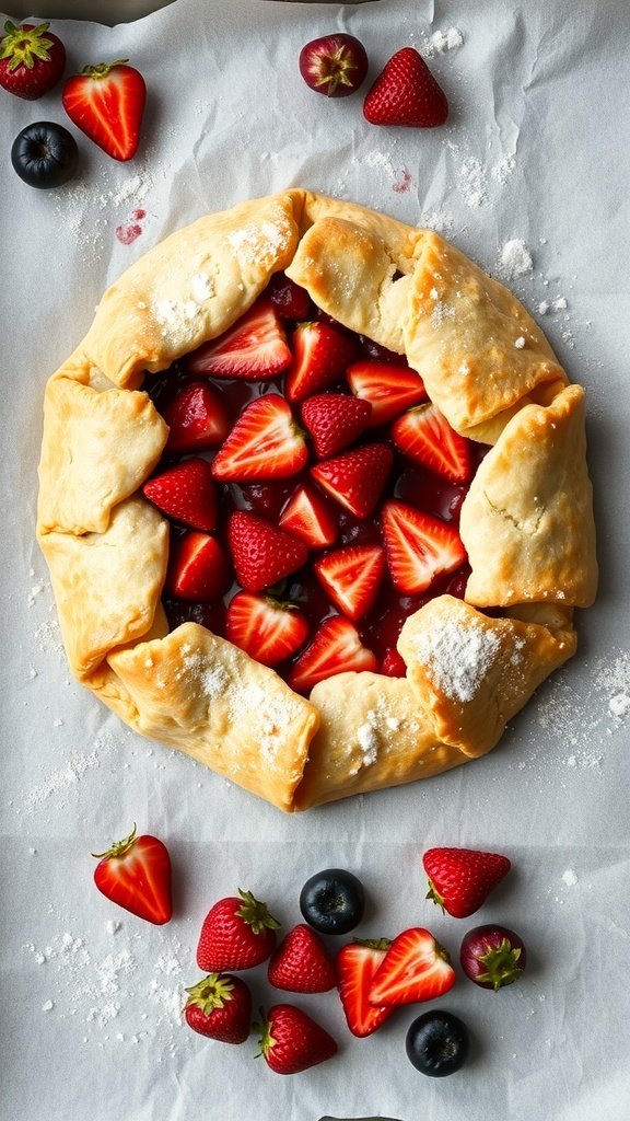 A strawberry rhubarb galette with fresh strawberries and rhubarb filling, surrounded by scattered strawberries on a baking sheet.