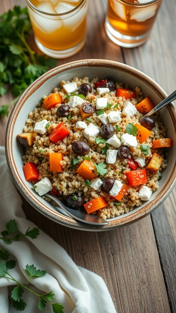 A bowl of couscous mixed with colorful vegetables and feta cheese, garnished with parsley.