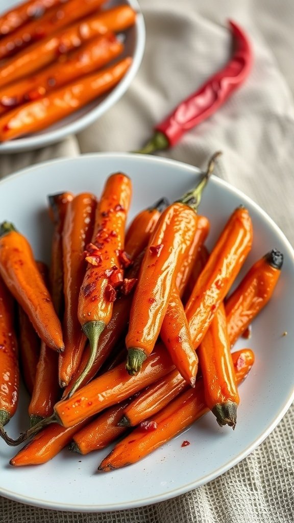 A plate of spicy maple Sriracha carrots garnished with red pepper flakes.