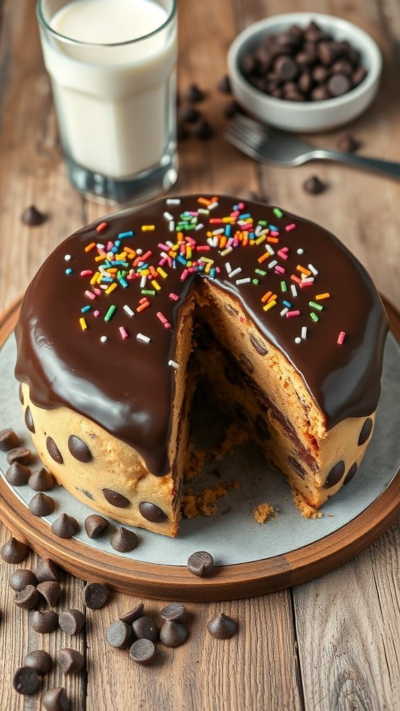 A delicious chocolate chip cookie cake with chocolate frosting and colorful sprinkles, served with a glass of milk.