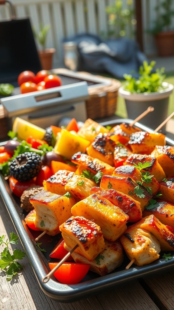 A vibrant platter of grilled skewers with chicken, vegetables, and herbs, perfect for summer meals.