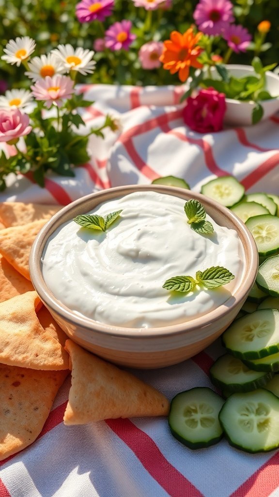 A bowl of cucumber and yogurt dip surrounded by cucumber slices and pita chips, with flowers in the background.