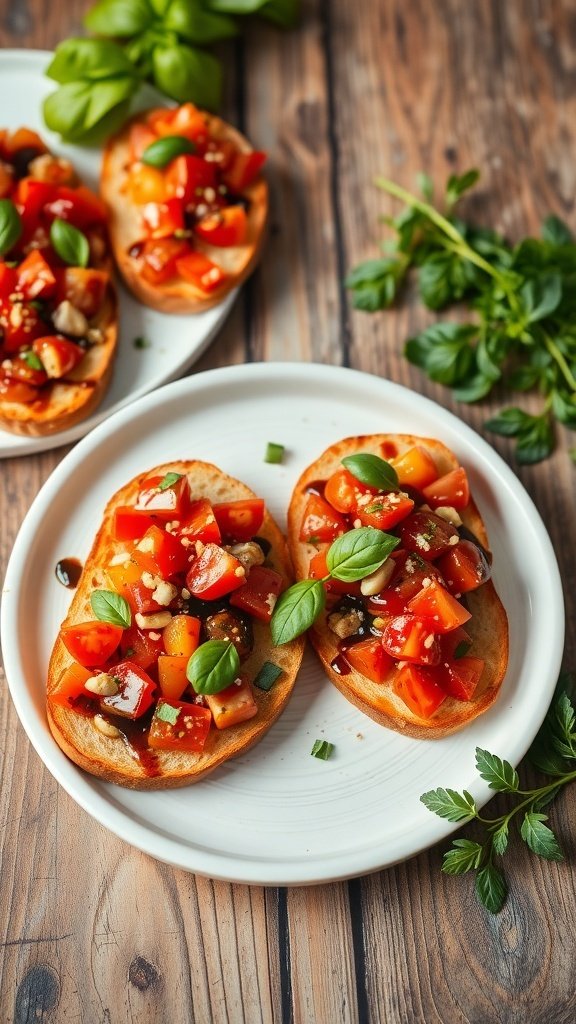 Classic bruschetta topped with fresh tomatoes and basil on a wooden table