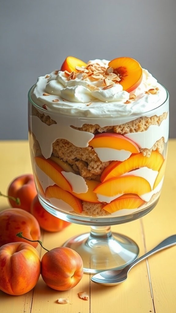 A peach trifle with layers of cake, whipped cream, and fresh peach slices in a glass bowl.