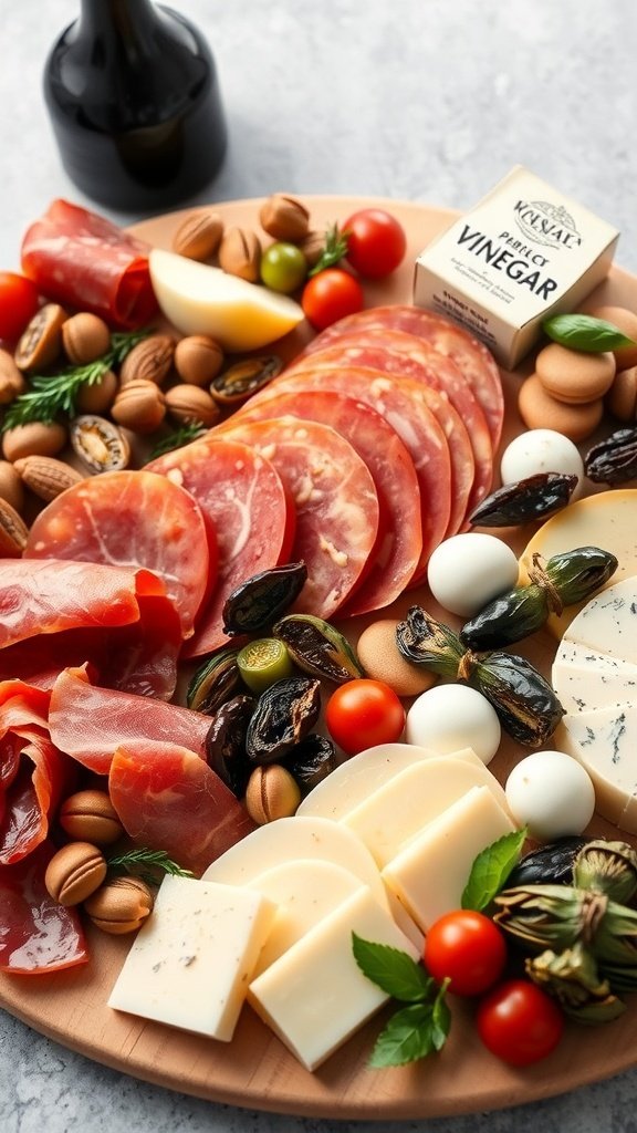A classic Italian charcuterie platter with meats, cheeses, olives, and nuts.