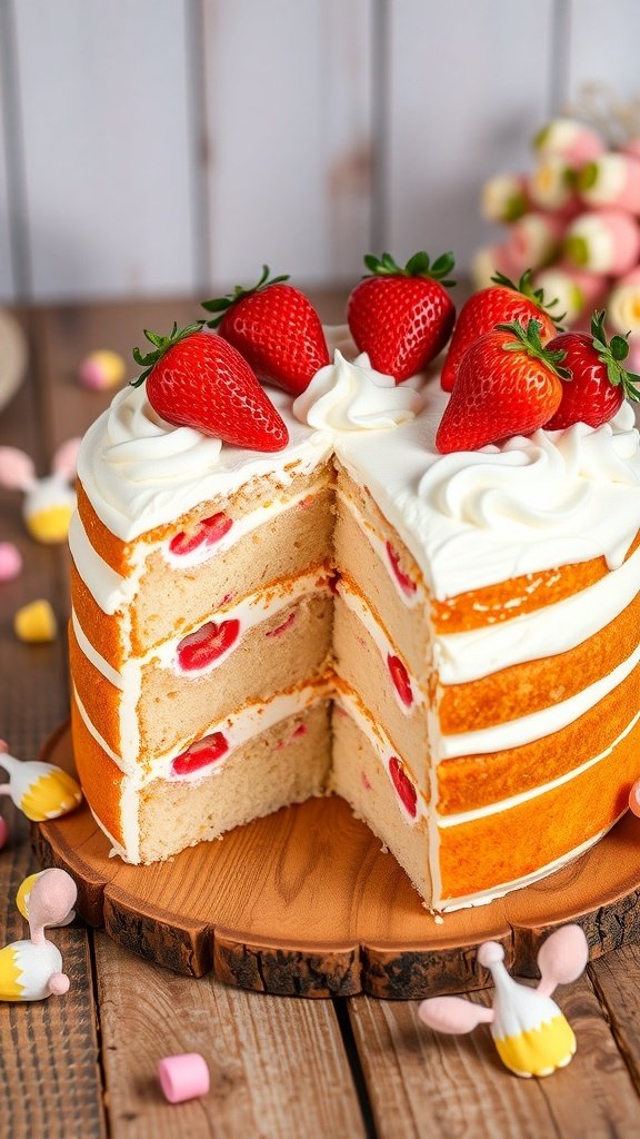 A beautifully layered Tres Leches cake topped with fresh strawberries, showcasing its moist texture and rich flavor.