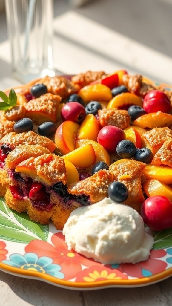 A colorful mixed fruit dump cake topped with fresh fruits and a scoop of ice cream on a floral plate.