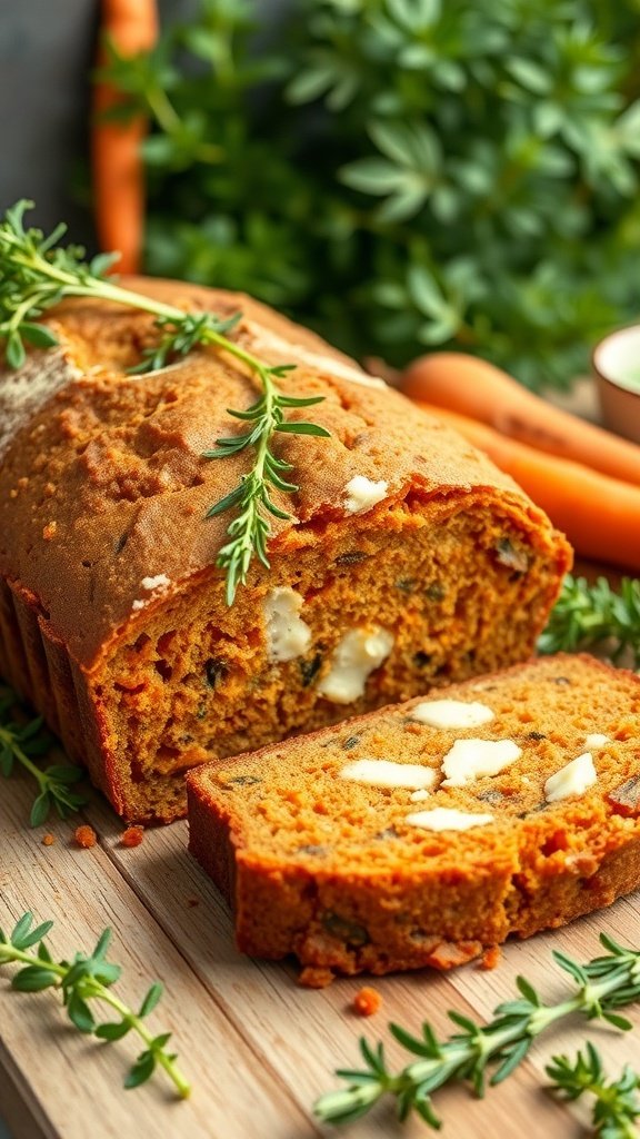 Savory herb and cheese carrot bread with slices cut, garnished with fresh herbs.