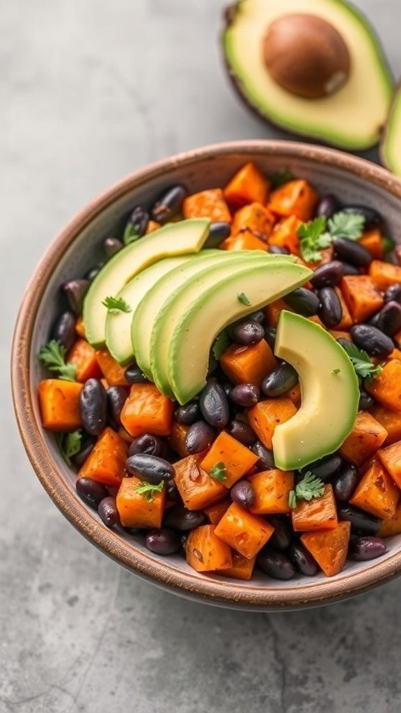 A bowl of roasted sweet potato and black bean salad topped with avocado slices and cilantro.