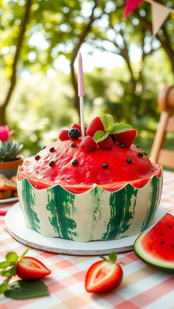 A vibrant watermelon cake decorated with berries and mint leaves, perfect for summer celebrations.