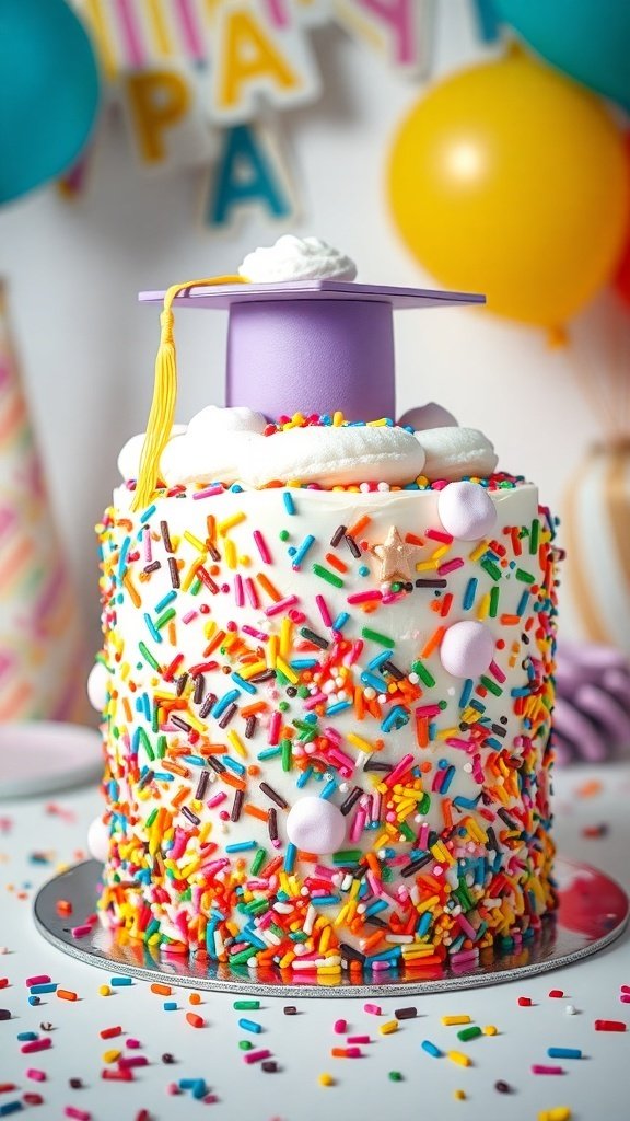 A colorful funfetti graduation cake with sprinkles and a graduation cap on top.