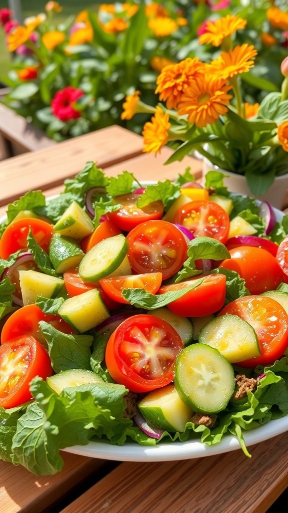 A vibrant salad with mixed greens, cherry tomatoes, cucumbers, and flowers in the background.