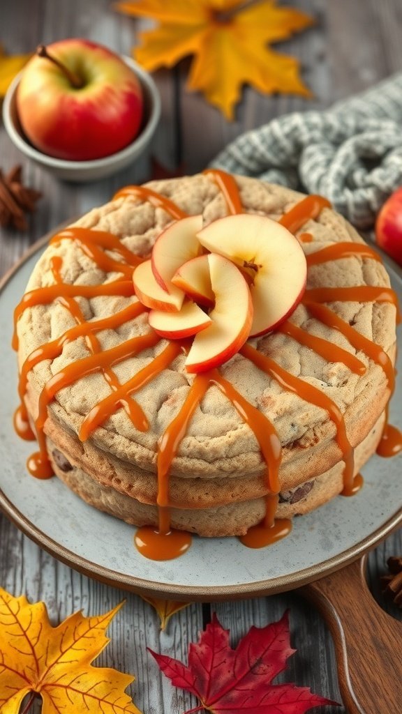 A delicious apple cinnamon cookie cake topped with caramel and apple slices, surrounded by autumn leaves.