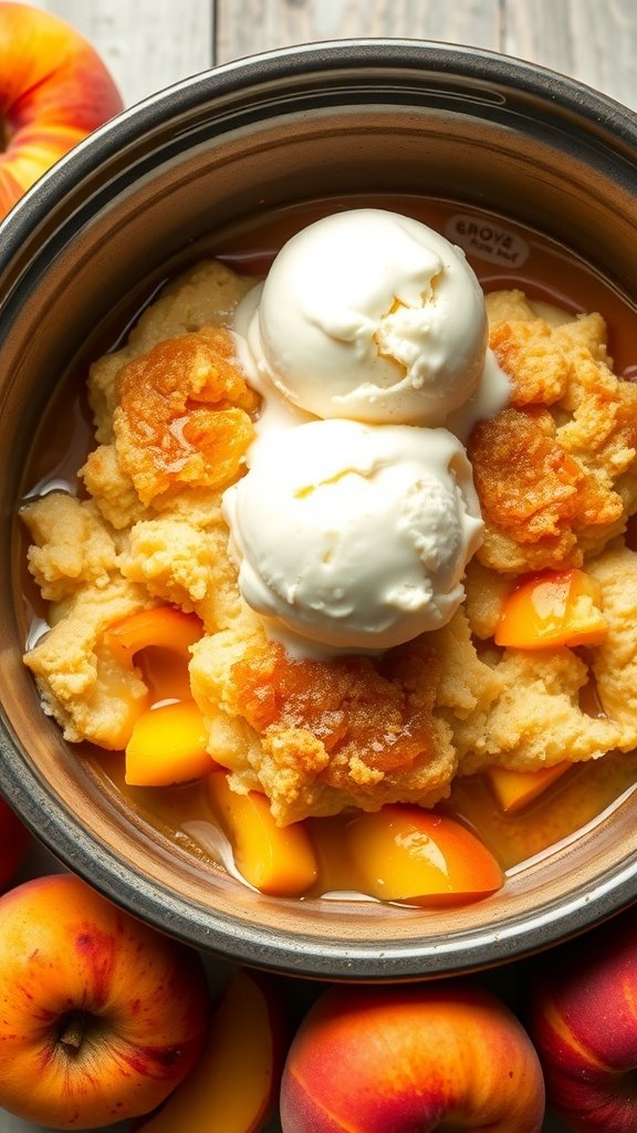 A bowl of peach cobbler with ice cream on top, surrounded by fresh peaches.