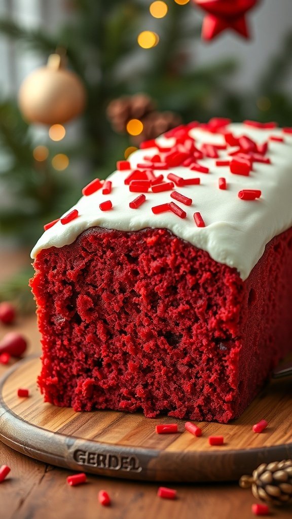 A red velvet carrot cake loaf topped with cream cheese frosting and red sprinkles, set against a festive background.