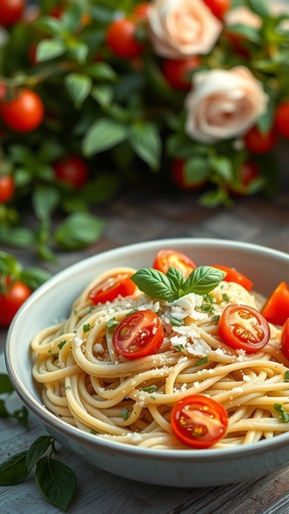 Creamy avocado pasta with cherry tomatoes and fresh basil in a bowl