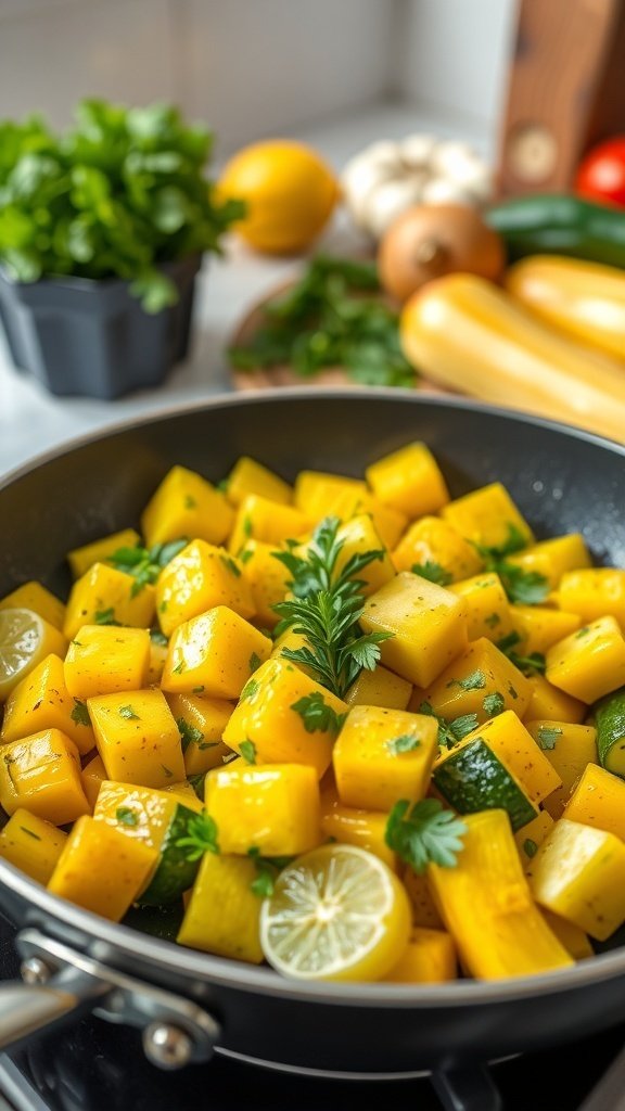 A skillet with sautéed yellow squash, garnished with parsley and lemon slices, surrounded by fresh ingredients.