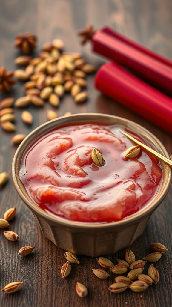 A bowl of cardamom rhubarb sauce with rhubarb stalks and cardamom pods around it.