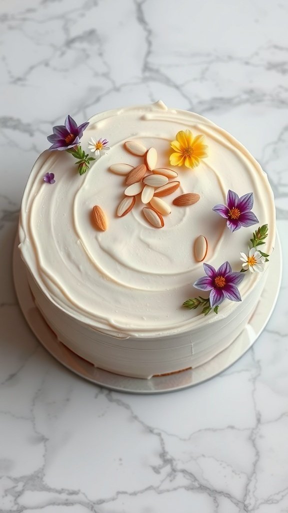 A beautifully decorated almond graduation cake with flowers and almonds on top.