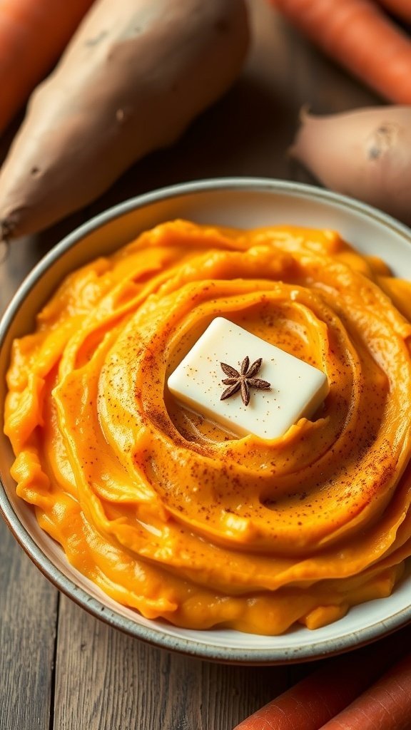 A bowl of creamy sweet potato and carrot mash topped with butter and spices, surrounded by fresh carrots and sweet potatoes.