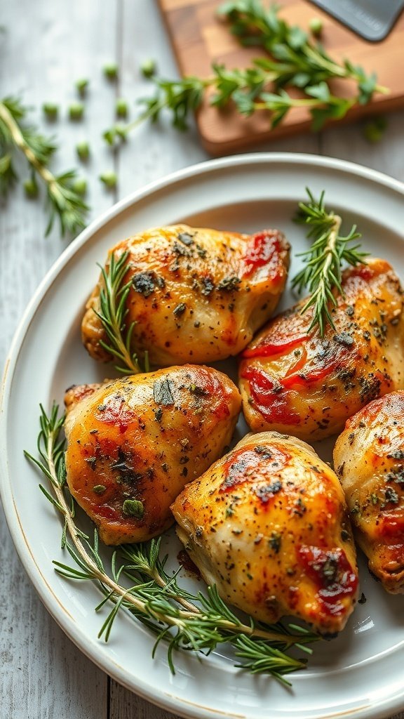 Plate of herb-crusted chicken thighs garnished with fresh herbs