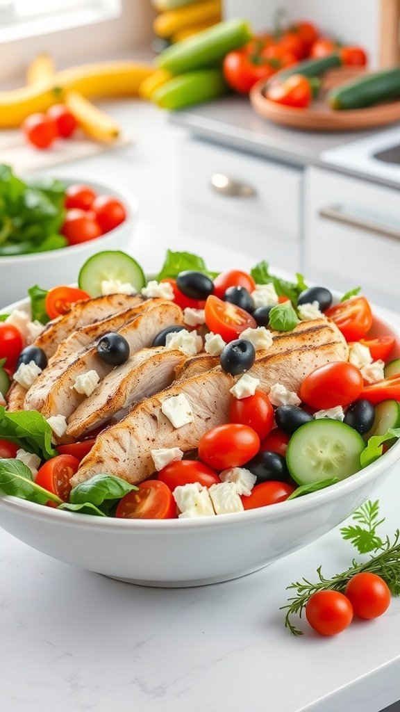 A vibrant Mediterranean chicken salad with grilled chicken, cherry tomatoes, cucumber, olives, and feta cheese on a bed of greens.