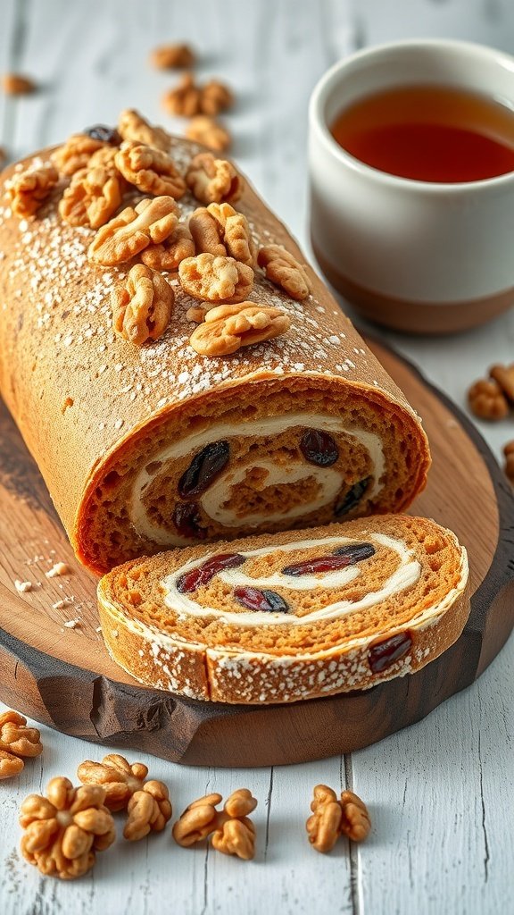 Carrot cake roll with walnuts and raisins, served with a cup of tea.