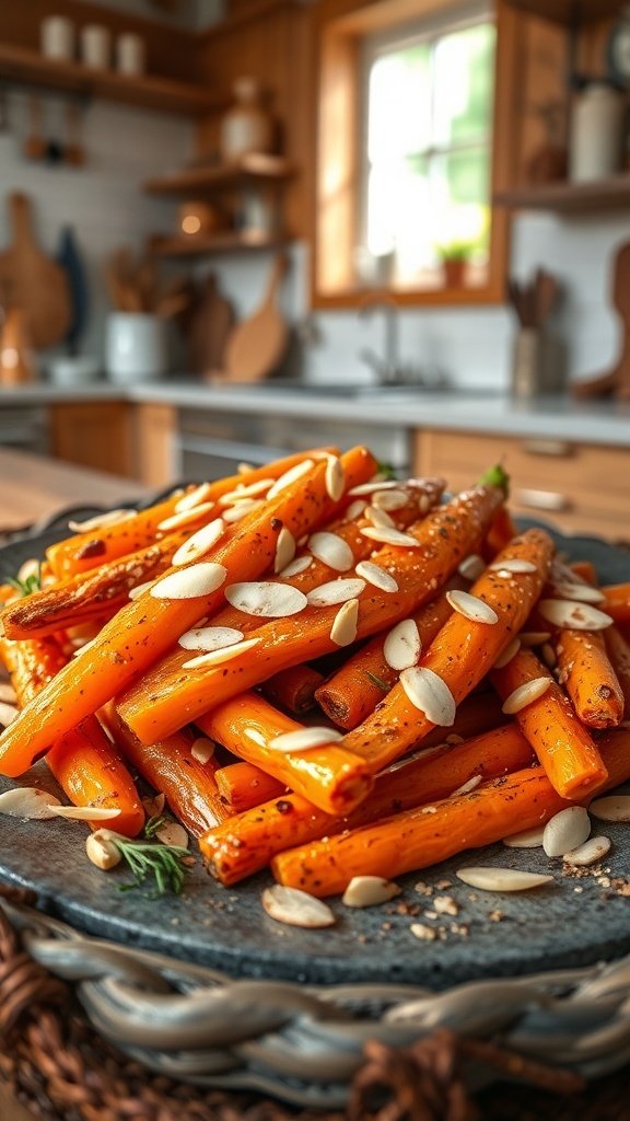 A plate of nutty roasted carrots topped with sliced almonds, set in a cozy kitchen.