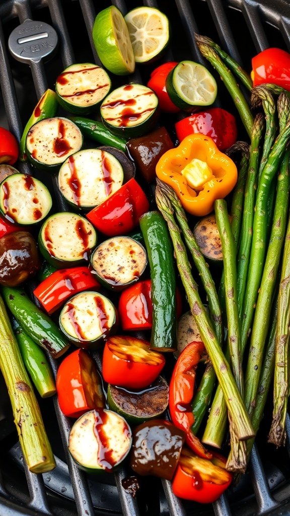 Grilled vegetables on a grill with balsamic glaze