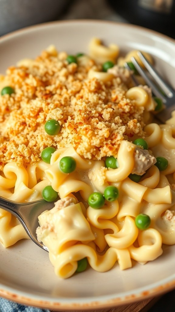 A plate of tuna noodle casserole with peas and a crispy topping.