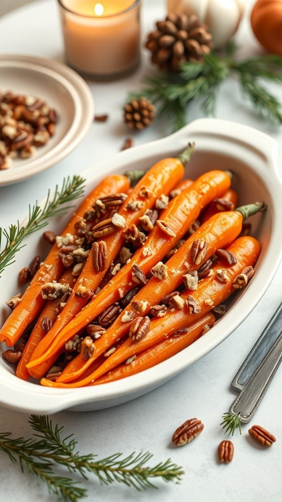 A dish of maple pecan candied carrots garnished with pecans and surrounded by seasonal decor.
