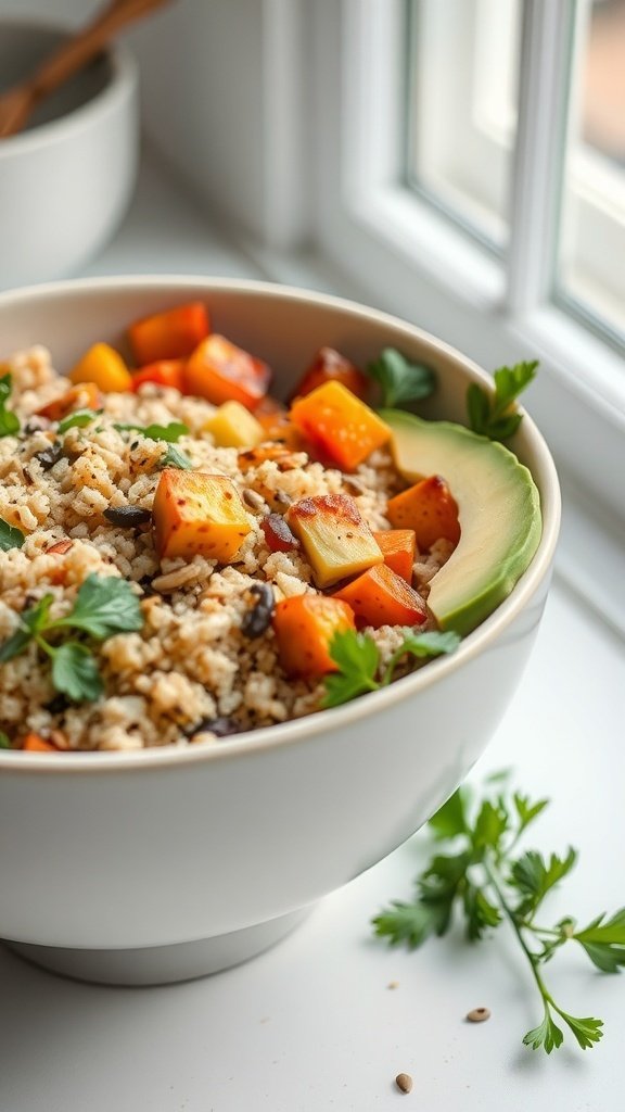 A bowl of roasted vegetable quinoa with butternut squash, bell pepper, and avocado.