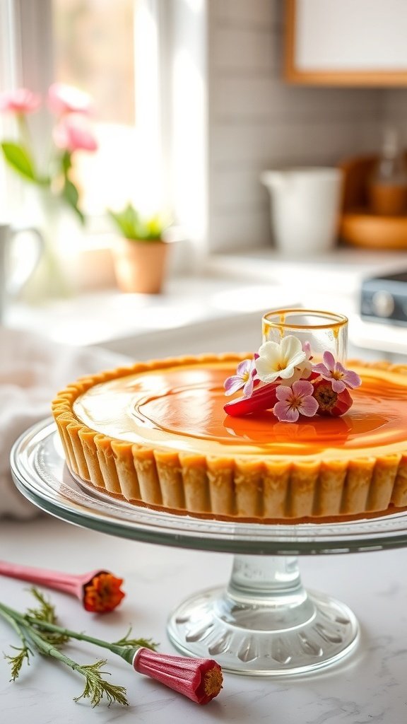 A creamy rhubarb custard tart decorated with edible flowers, displayed on a glass cake stand.