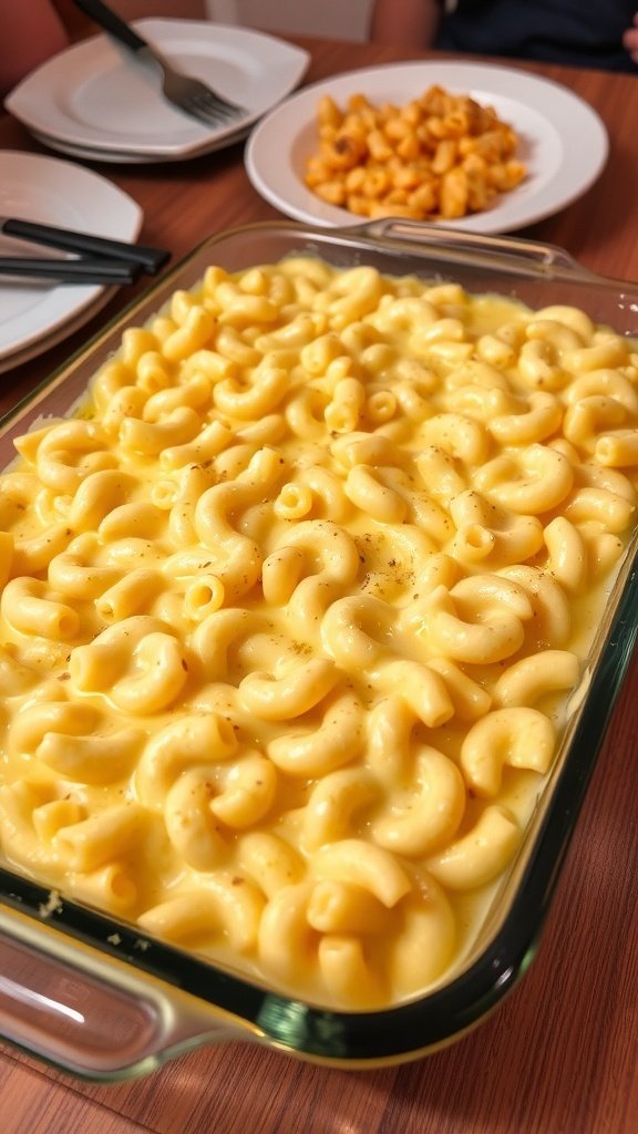 A delicious macaroni and cheese casserole ready to serve, with a side of pasta.