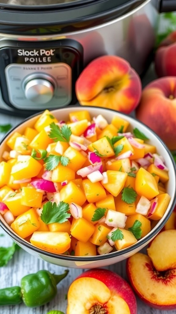 A bowl of sweet and spicy peach salsa with fresh ingredients, next to a slow cooker and whole peaches.