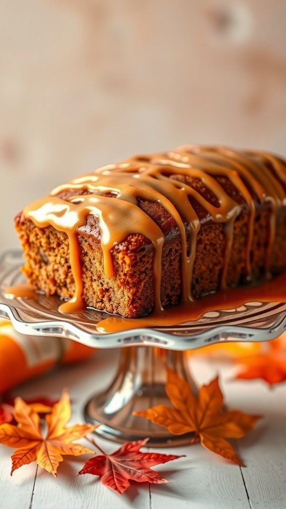 A beautifully glazed carrot cake loaf on a silver cake stand, surrounded by autumn leaves.