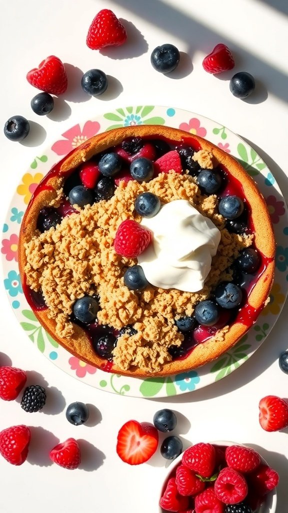 A colorful berry dump cake topped with whipped cream and surrounded by fresh berries.